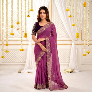 AARA Fashion <b>Purple</b> Embroidered <b>Saree</b> Blouse for Wedding Indian Traditional Wear Women Floor Length Polyester Sari Sun - Product Image 1