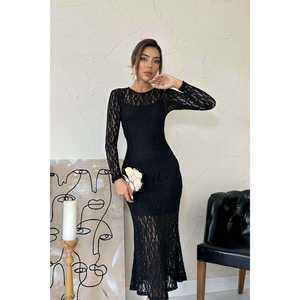 Wholesale Satin <b>Long</b>-<b>Sleeve</b> <b>Dress</b> <b>Black</b> Lace Crocheted Empire Waistline <b>Formal</b> Romantic A-Line Silhouette Sweetheart Collar XL - Product Image 3
