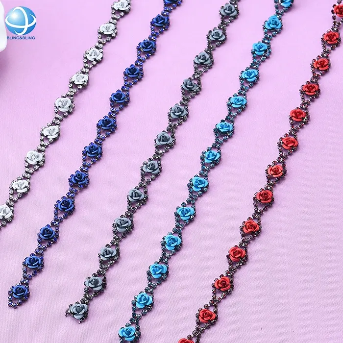 Crystal Trimming Chain Rhinestone Red Rose Flower Wedding Dress Crystal Fancy Stone Cup Chain