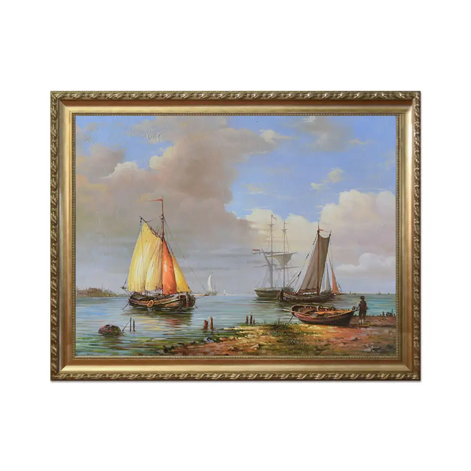 Hoogwaardige Benodigdheden Muur Decor Nederlands Mooi Landschap Handgemaakte Zeeboot Olieverfschilderij Op Canvas