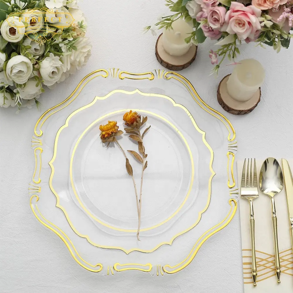 Wedding Favor Supplies Gold Reed Rim Glass Charger Plates Wholesale Price Clear Charger Plates