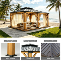 Gazebo d'extérieur en bois de cèdre avec toit rigide, rideaux latéraux, toit en métal à double niveau imperméable, auvent de terrasse pour balcon