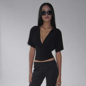 Camiseta de Verano Transpirable con Encaje y Estampado Digital, Cuello en V, Tejida, de Manga 1/2, Color Sólido, Blusa Casual Elegante para Mujer - Product Image 3