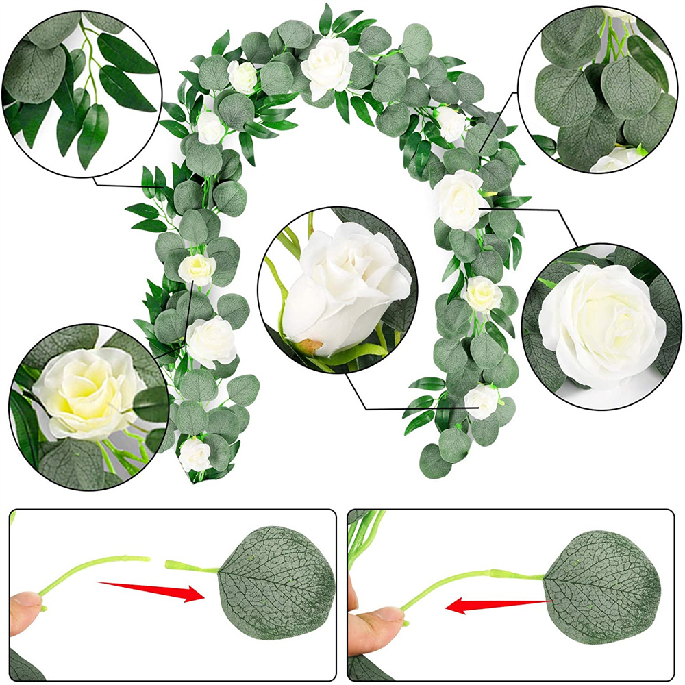 Artificial  Eucalyptus  Garland with Willow Leaves rose flower for Wedding Party Home Decoration