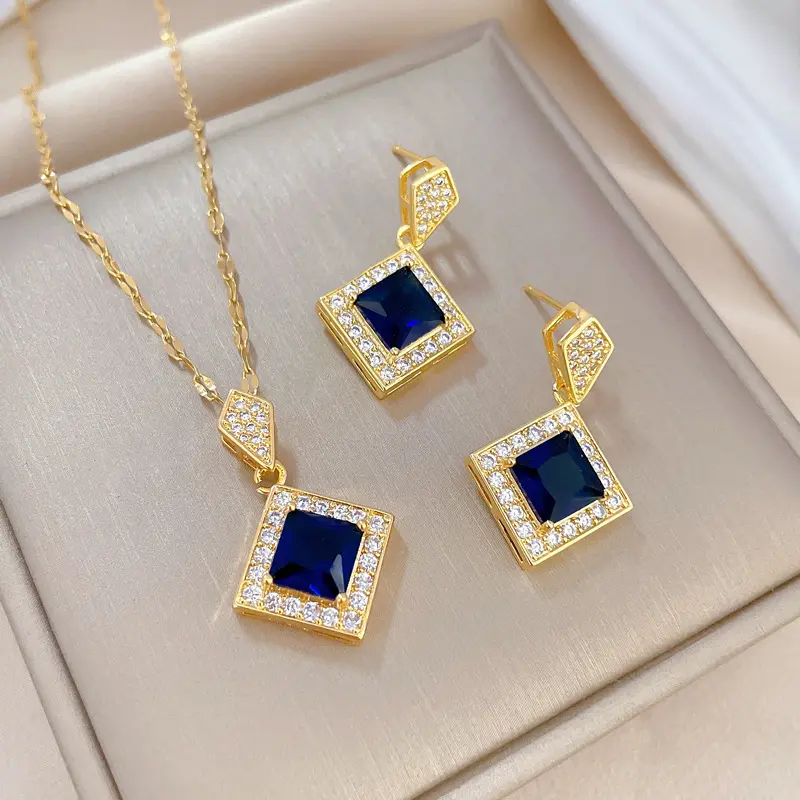 Moda 18k banhado a ouro em aço inoxidável geométrico zircão jóias conjuntos azul colar e brinco jóias conjunto para as mulheres