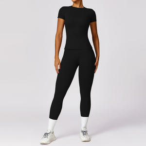Wholesale Customised Sports Fitness Yoga <strong>Wear</strong> Quick Drying Short Sleeve <strong>T</strong>-<strong>shirt</strong> High Waist Elastic <strong>Leggings</strong> Woman Sport Outfit - Product Image 4
