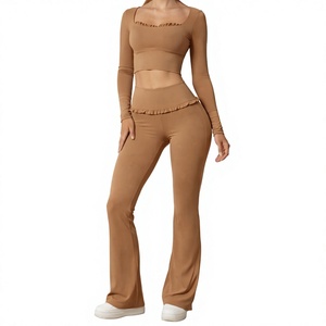Women Seamless Yoga Set Square Neck Long Sleeve Sports Bra High Waist <b>Flare</b> <b>Leggings</b> Activewear - Product Image 1