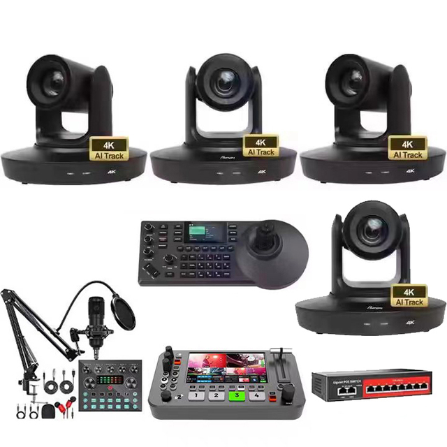 USD2100 Free Ship Livestream Broadcast Bundle = 4pcs 4K 30X PTZ Conference Camera AI Track+controller+5CH Video Switcher+Mic kit