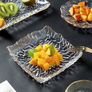 Ensemble de plateaux en verre cristal <span class=keywords><strong>soufflé</strong></span> à la main, texture texturée, avec bord doré, pour gâteaux, desserts et décoration intérieure de style japonais - Product Image 3