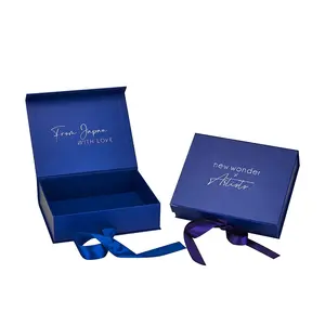 Luxury Blue Soybean Ink Printing Clothing Packaging Delivery Boite Cadeau Paper Box Magnetic Closure Gift Boxes With Ribbon