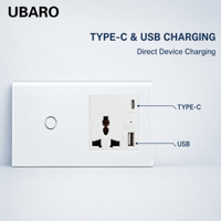 UBARO 146 Temperli Cam Dokunmatik Anahtarlı Evrensel Duvar Prizi USB A Tip C 5V 2100mA Portlu Duvar Güç Çıkışı Ev ve Otel İçin
