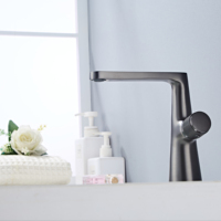Grifo Mezclador de Agua Fría y Caliente Moderno para Lavabo de Baño, Diseño de Latón Sólido Montado en Cubierta de un Solo Orificio, Acabado Ennegrecido