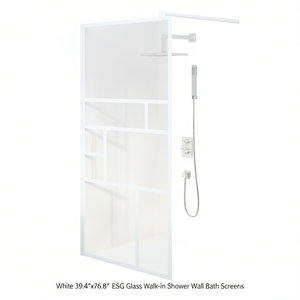 White ESG Glass Walk-In Shower <b>Wall</b> Bath <b>Screen</b> 39.4x76.8 Inch With Frame Minimalist Design - Product Image 1