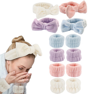 Superzachte Dames Flanellen Spa Gezichts Polsband Hoofdband Set Make-Up Pols Washband Strik Scrunchie Huidverzorging Badkamer Accessoire