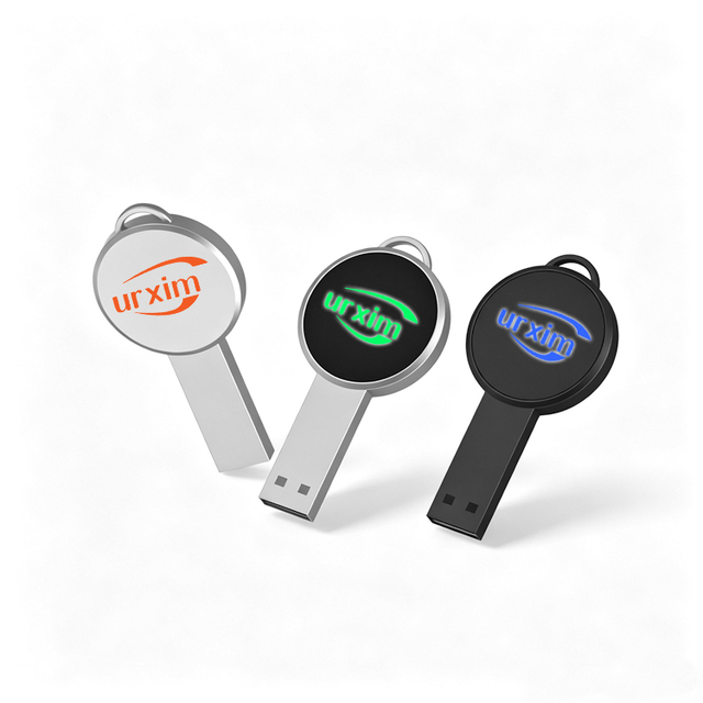New Arrival Silver Black Round Promotional Metal Key Shape USB Flash Drive with Custom LED Light up Logo U Disk