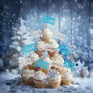 Décorations de cupcakes Joyeux Anniversaire à paillettes, pics pour cupcakes Joyeux Anniversaire, thème Fête des Merveilles d'Hiver pour Anniversaire - Product Image 3
