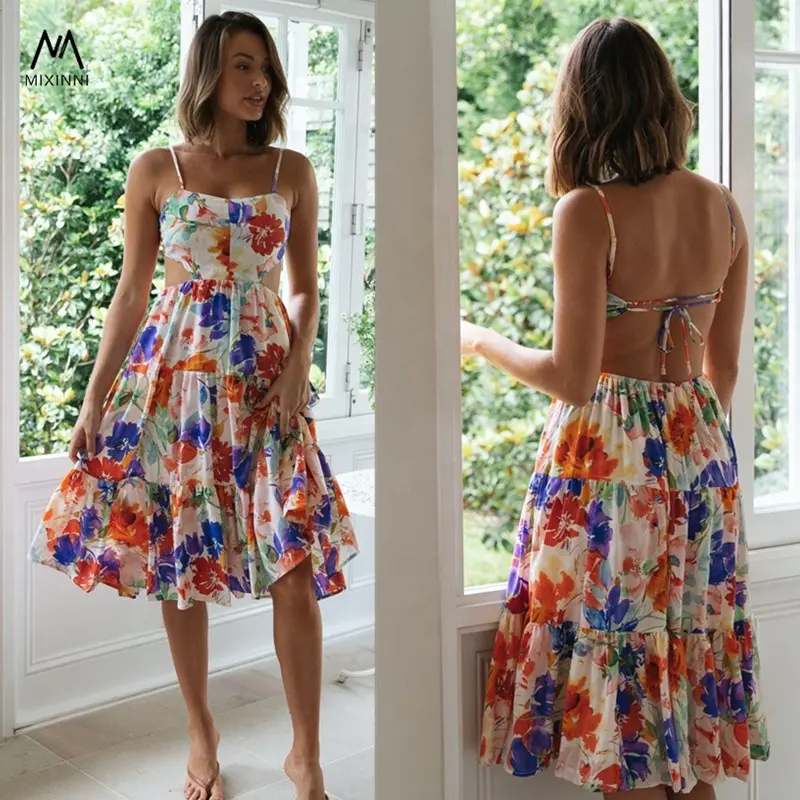 MXN 1506 gaun wanita baru bermotif Gaun kasual halter swing seksi musim panas gaun pantai fashion print