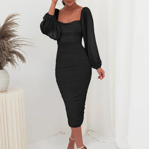 2024 phổ biến ren Splice thời trang xếp li ăn mặc cổ vuông chia tách một bước ăn mặc phù dâu Ăn mặc - Product Image 2