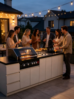 Cuisine extérieure moderne avec barbecue à gaz 5 brûleurs, évier en acier inoxydable, îlot de cuisson prêt pour les fêtes