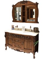 Meuble de salle de bain en chêne rouge de luxe léger, en bois massif, style européen antique, avec double vasque et miroir inclus