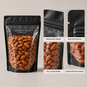 Özel Logolu Mat Siyah Şeffaf Önü Olan, Tekrar Kapanabilir Kilitli, Kuruyemiş ve Atıştırmalık Gıda Ambalajı için Dik Duran Poşetler - Product Image 2