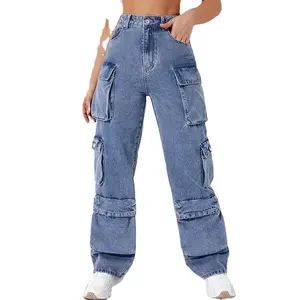 Hip Hop High Rise Multi Pockets Faded Washed Denim Boyfriend Style Wide Leg Cargo Jeans