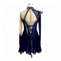 Costume de patinage artistique bleu marine et or, col montant, manches longues en maille, dos ouvert, jupe à strass pour filles et enfants, danse sur glace