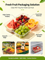 Barquette d'emballage personnalisable pour fruits frais coupés, en PET de qualité alimentaire, empilable, pour un gain de place en stockage et en expédition