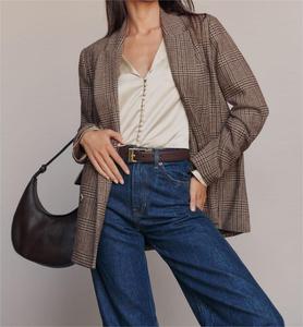 Hersteller OEM Fashion Zweireiher Brown Wool Revers Solid <span class=keywords><strong>Plaid</strong></span> Office <span class=keywords><strong>Blazer</strong></span> Jacke für Frauen - Product Image 2