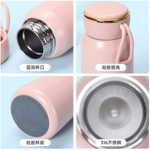 Bouteille d'eau isotherme en acier inoxydable 316 rose, mini-gobelet de voyage portable avec poignée et base en silicone, design rond - Product Image 1
