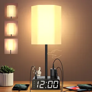 2024 nueva llegada LED luz nocturna música lámpara de noche con estación de carga lámpara de mesa reloj despertador con Audio Bluetooth 2 puertos USB