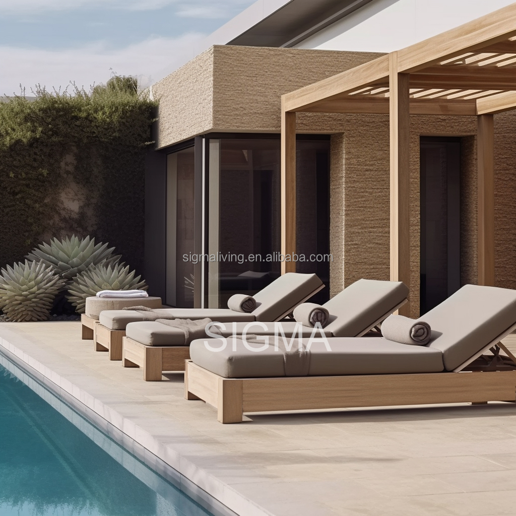 Factory Custom Garden Set All Weather Sunbed Waterproof Outdoor Teak Wooden Chaise Sun Lounger