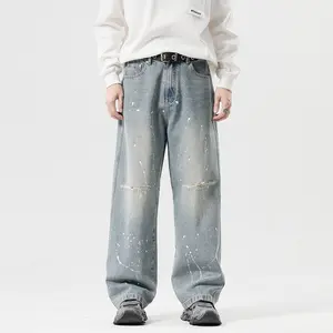 Speckle printing Destroy wash Faded Denim Oversize Hip Hop Loose Straight cylinder man Jeans