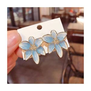 New Personality Niche Trendy Gold-Plated Stud Earrings Blue Drop Glaze <b>Flower</b> <b>Sweet</b> Temptation Fashionable Earrings - Product Image 2