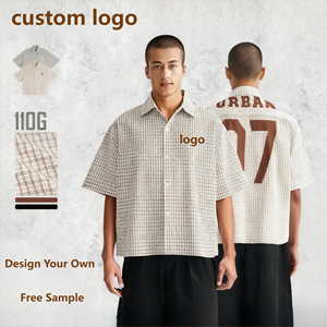 Chemise à carreaux à col boutonné pour homme, logo personnalisé, manches courtes, décontractée, imprimée, 100% coton, tissu sergé anti-boulochage, bouton unique - Product Image 1