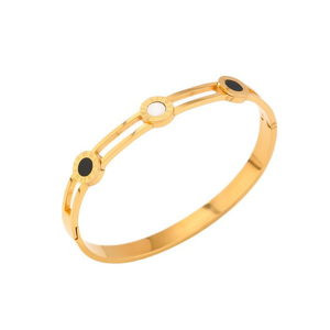 Brazalete redondo de acero inoxidable hueco en blanco y negro para mujer, brazalete minimalista chapado en oro para uso diario - Product Image 2