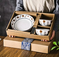 Service de table en céramique de style japonais rétro de luxe léger avec motif végétal, comprenant bol, baguettes et assiette – Compatible micro-ondes, finition émaillée, coffret cadeau
