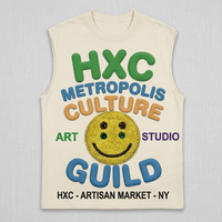 T-shirt sans manches pour homme avec logo personnalisé, impression 3D en relief, visage souriant, HXC Metropolis Culture Streetwear, débardeur en coton surdimensionné