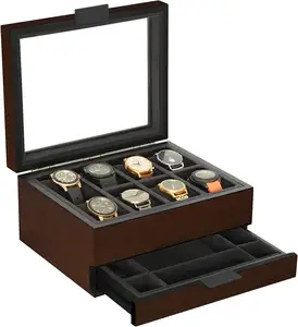 Caja de reloj de madera con 8 ranuras de almacenamiento, caja de reloj de madera con revestimiento cuadrado de cerezo y nogal personalizado