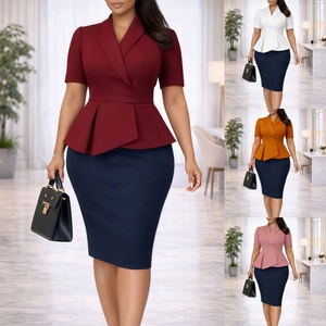Robes de bureau élégantes pour femmes J3363 Boutique Summer Career, manches courtes, col en V, couleur contrastée, volants, robe africaine pour femmes - Product Image 2