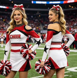 Uniforme de cheerleading rouge, blanc et noir, <span class=keywords><strong>robe</strong></span> à manches longues et épaules dénudées <span class=keywords><strong>avec</strong></span> strass pour les matchs de football et de basketball professionnels - Product Image 3