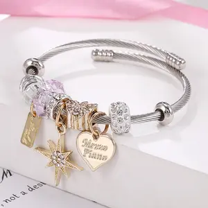 Moda Pulseira de Aço Inoxidável Da Estrela Amor do coração Frisado Pingente Ajustável Pulseira Diy