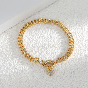 2024 Unisex Trendy Brass Zircon Heart <b>Charm</b> 14K Gold Plated Fashionable Chain Link Bracelet for Anniversary & Other Occasions - Product Image 1
