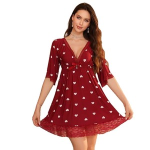 Lace Trim Deep V Solid Breathable <b>Short</b> Sleeve Nightdress Pajamas Loungewear Casual Nightwear - Product Image 1