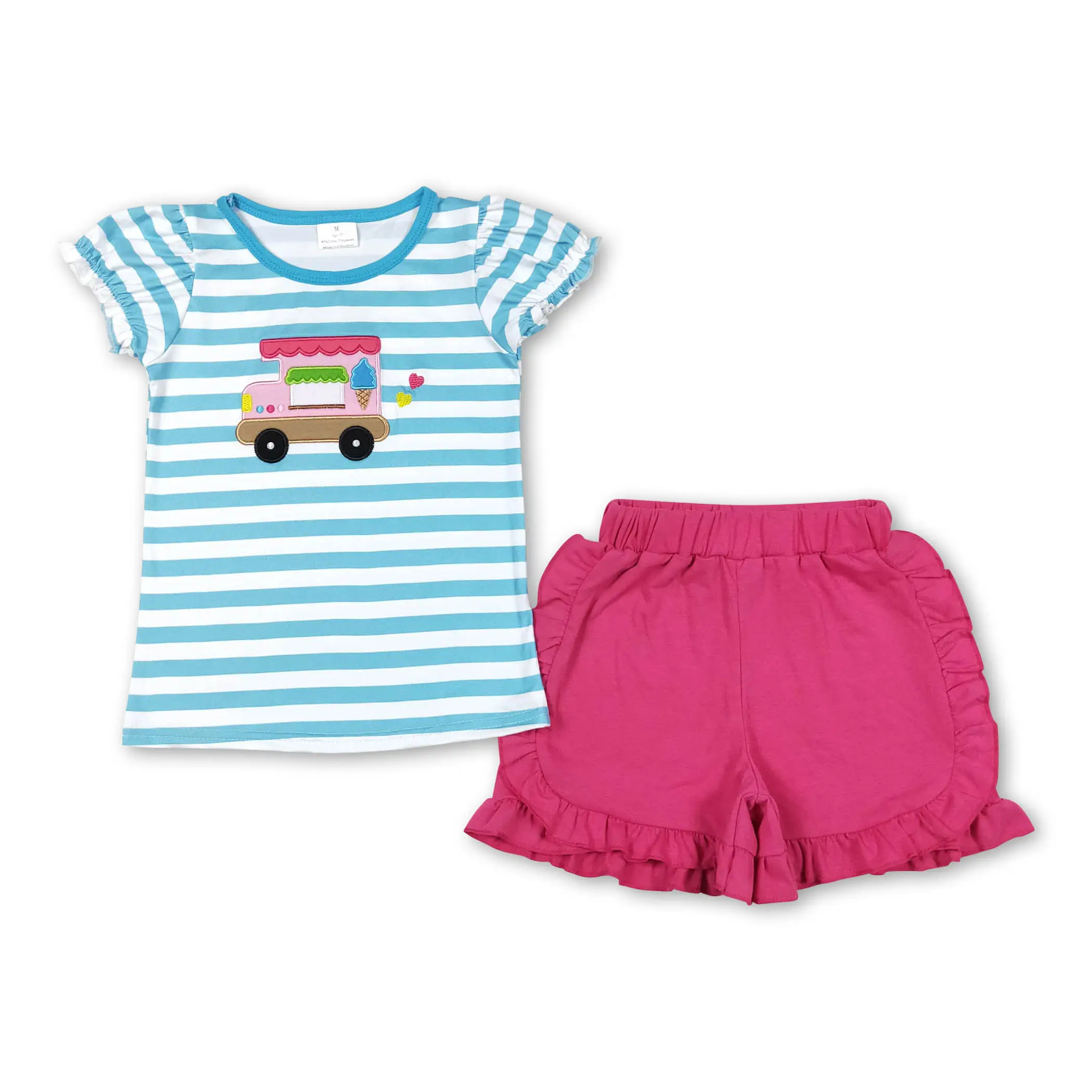 GSSO0580 Ice cream car embroidery stripe top shorts summer set baby girl clothing wholesale