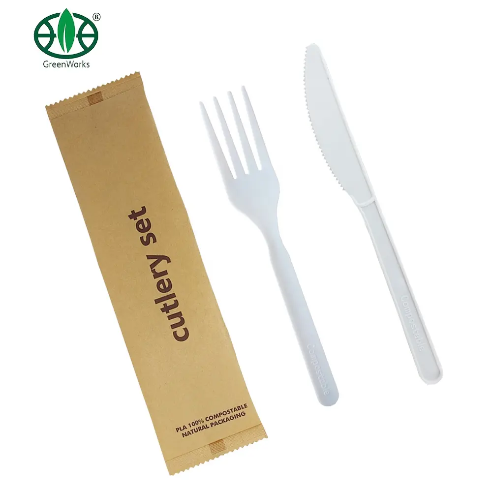 GreenWorks High Quality sturdy disposable flatware Compostable Wholesale Plastic Fork And Knife napkin dinnerware sets