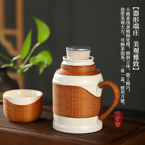 Ceramic Mini Thermos With Bamboo Weave <b>Lid</b> Travel Water <b>Pot</b> New Chinese Style Portable Household Use - Product Image 2