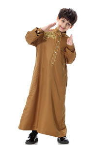 N041 Oriente Medio niño musulmán Color sólido poliéster Thobe Thawb bordado hecho a mano Daffah Thobe para niños <span class=keywords><strong>Haramain</strong></span> vestido islámico - Product Image 5