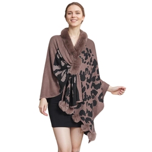 Cárdigan de punto jacquard informal para mujer con cuello de piel sintética y bonitos pompones, ideal para fiestas, compras y galas. - Product Image 4