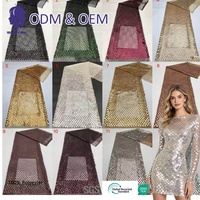 Tissu en dentelle extensible de luxe style TikTok Dubaï, faible MOQ, maille 12mm, noir, vert, coloré, brodé de sequins pour robe de mariée
